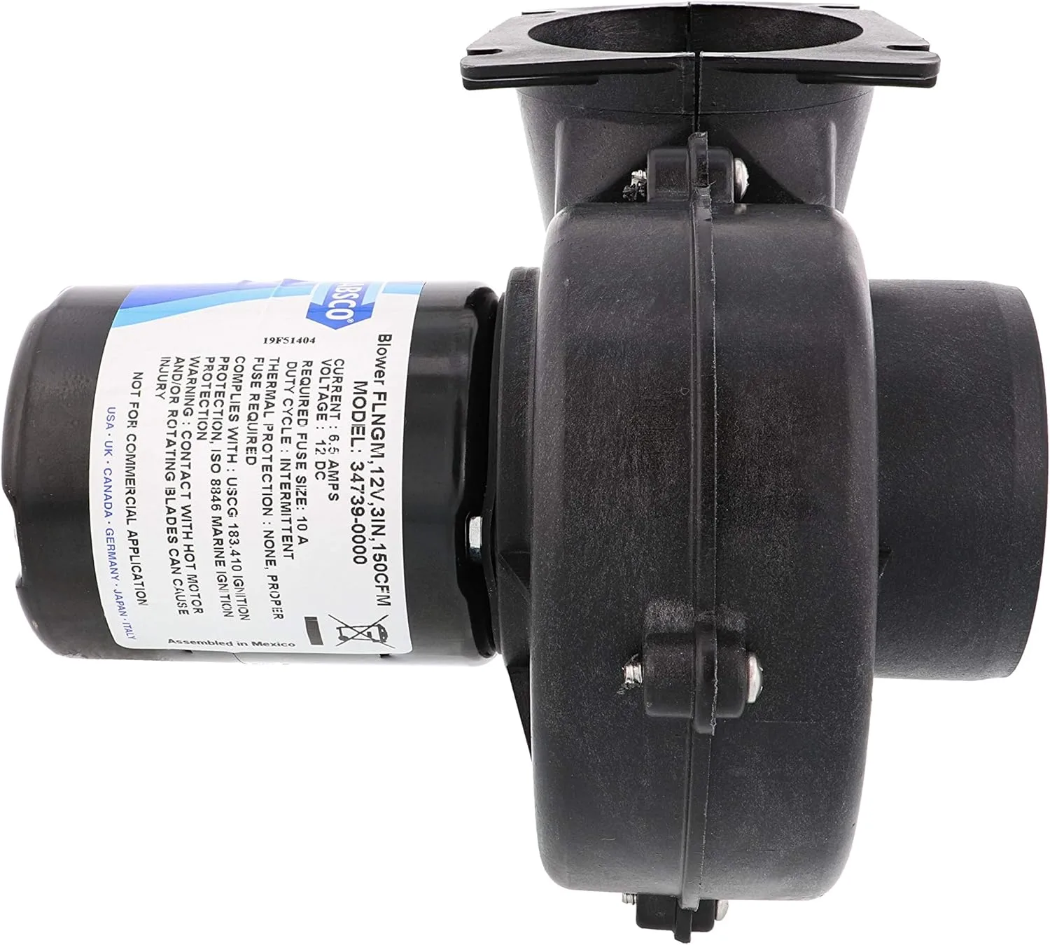 Jabsco 34739 Series Flange Mount Blower, 3 inch, 150 CFM 24 Volt