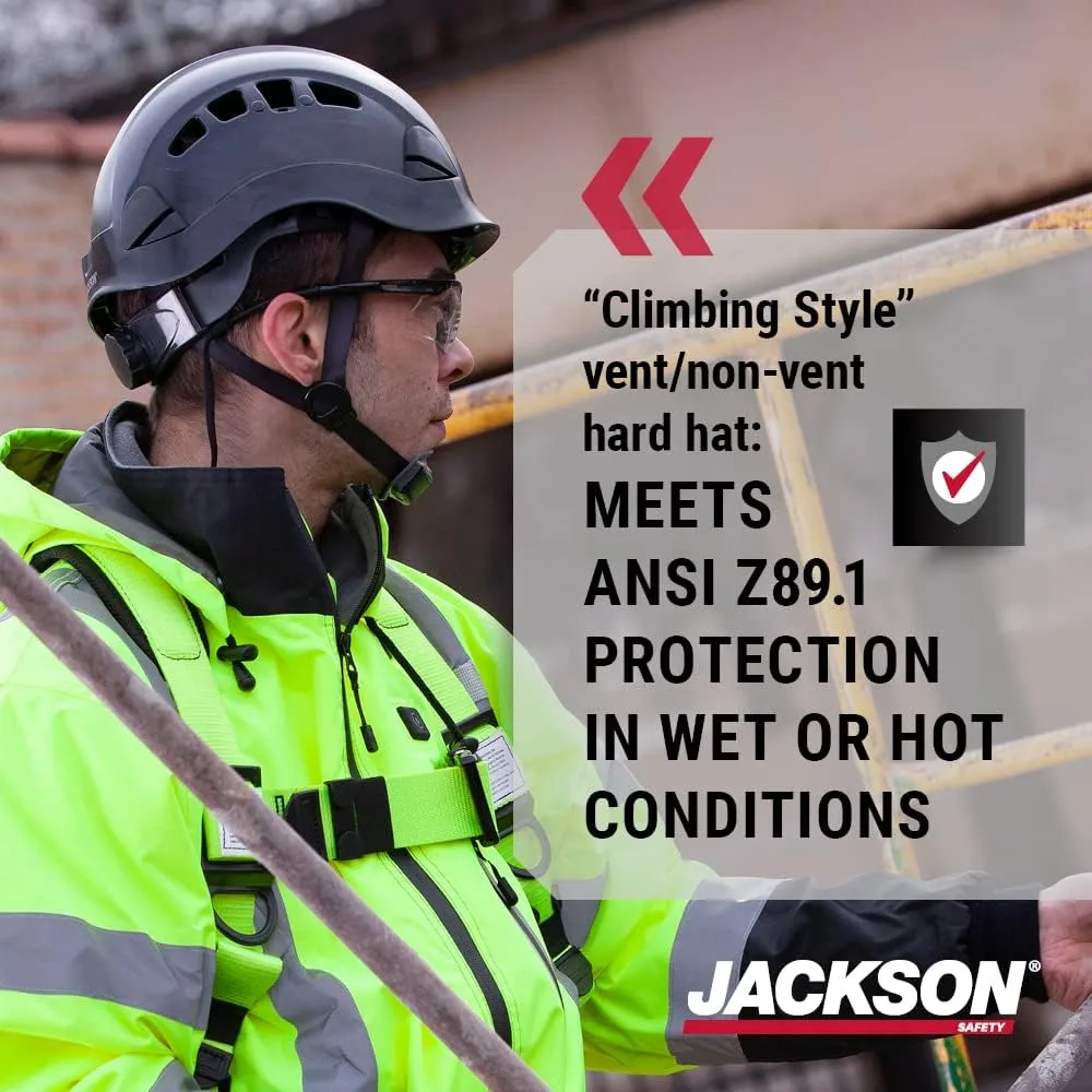 Jackson Safety CH300 & CH400V Climbing-Style Hard Hats – Vented & Non-Vented, Flip-Up Visor, ANSI Z89.1, OSHA Compliant