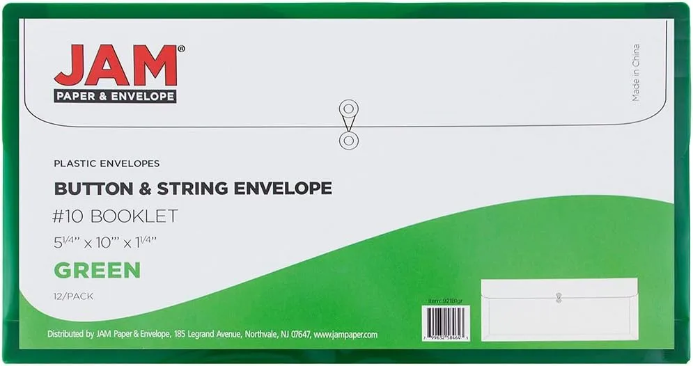 JAM PAPER Plastic Envelopes with Button & String Tie Closure - 12 Pack