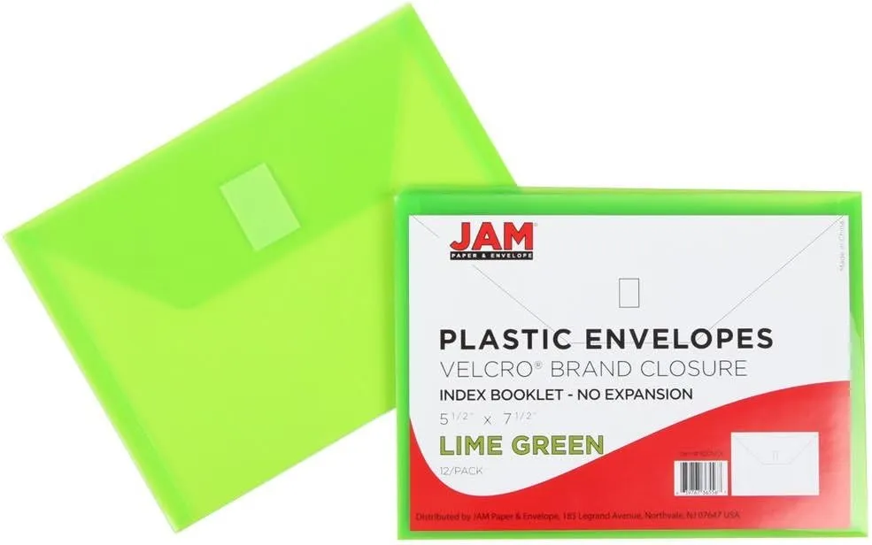 JAM PAPER Plastic Booklet Envelopes with Hook & Loop Closure - Pack of 12