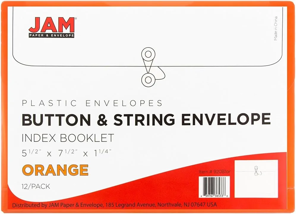 JAM PAPER Plastic Envelopes with Button & String Tie Closure - 12 Pack