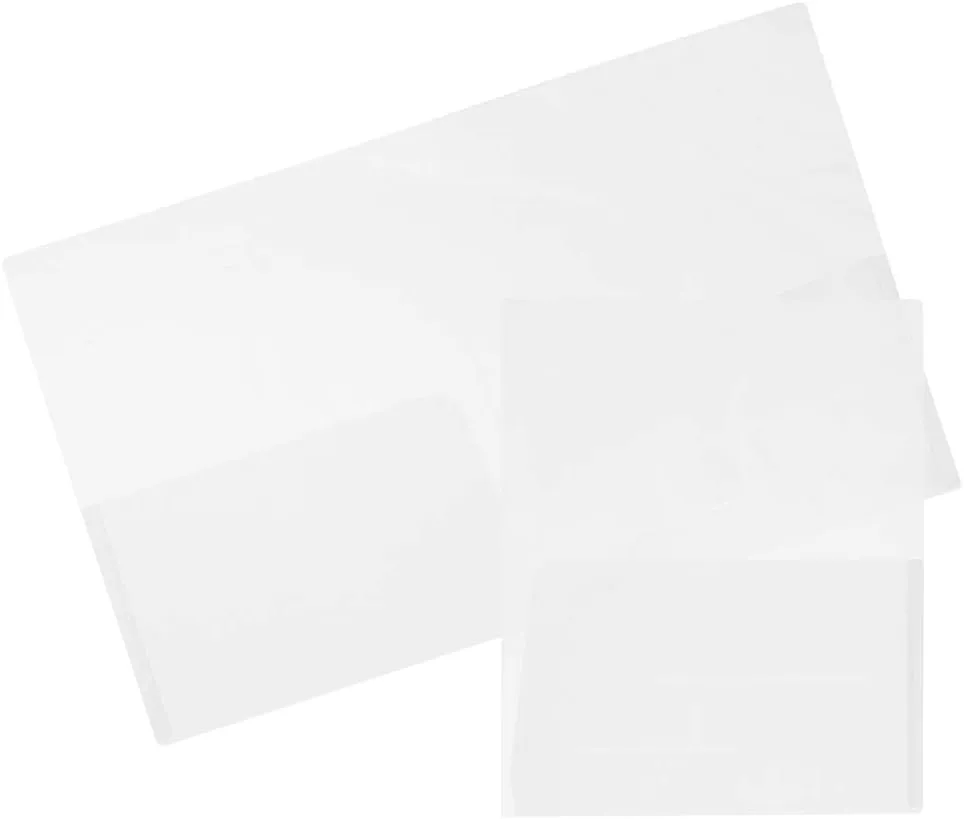 JAM Paper Regular-Weight 2-Pocket Plastic Presentation Folders, 9in x 12in, Clear, Pack Of 6