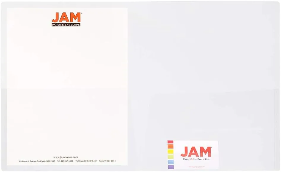 JAM Paper Regular-Weight 2-Pocket Plastic Presentation Folders, 9in x 12in, Clear, Pack Of 6