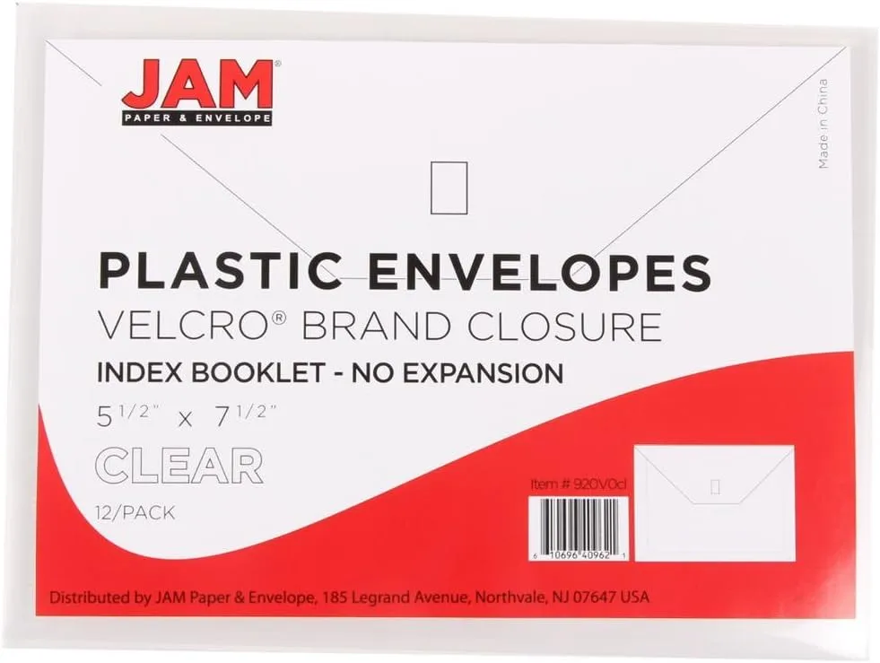 JAM PAPER Plastic Booklet Envelopes with Hook & Loop Closure - Pack of 12