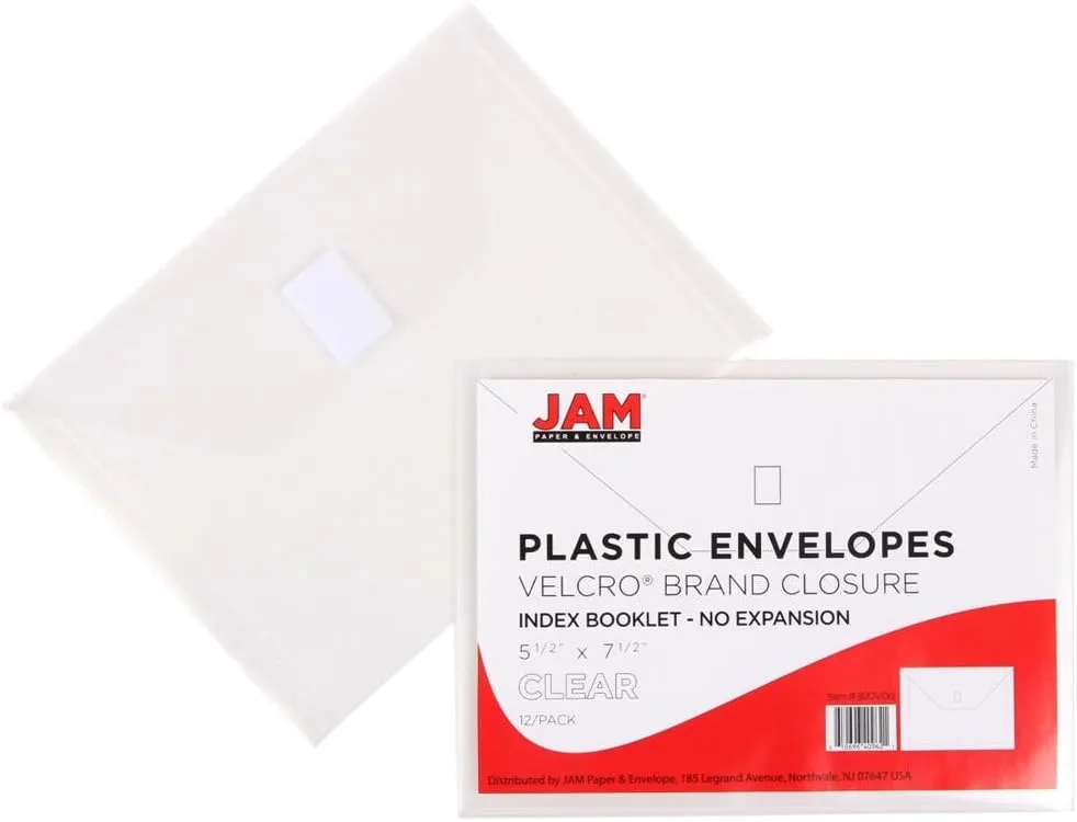 JAM PAPER Plastic Booklet Envelopes with Hook & Loop Closure - Pack of 12