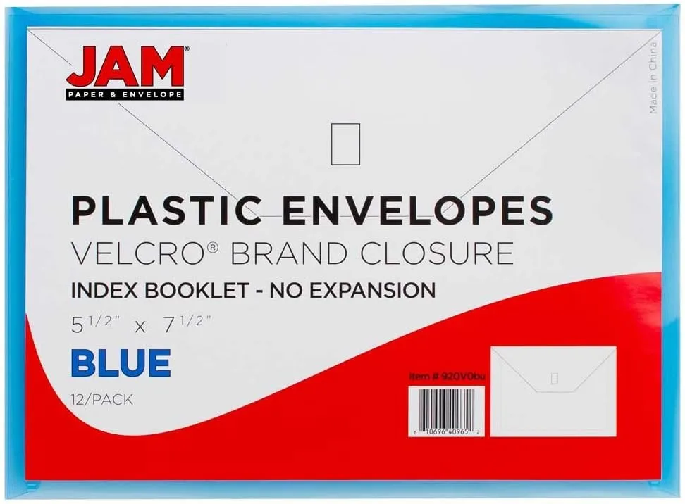 JAM PAPER Plastic Booklet Envelopes with Hook & Loop Closure - Pack of 12
