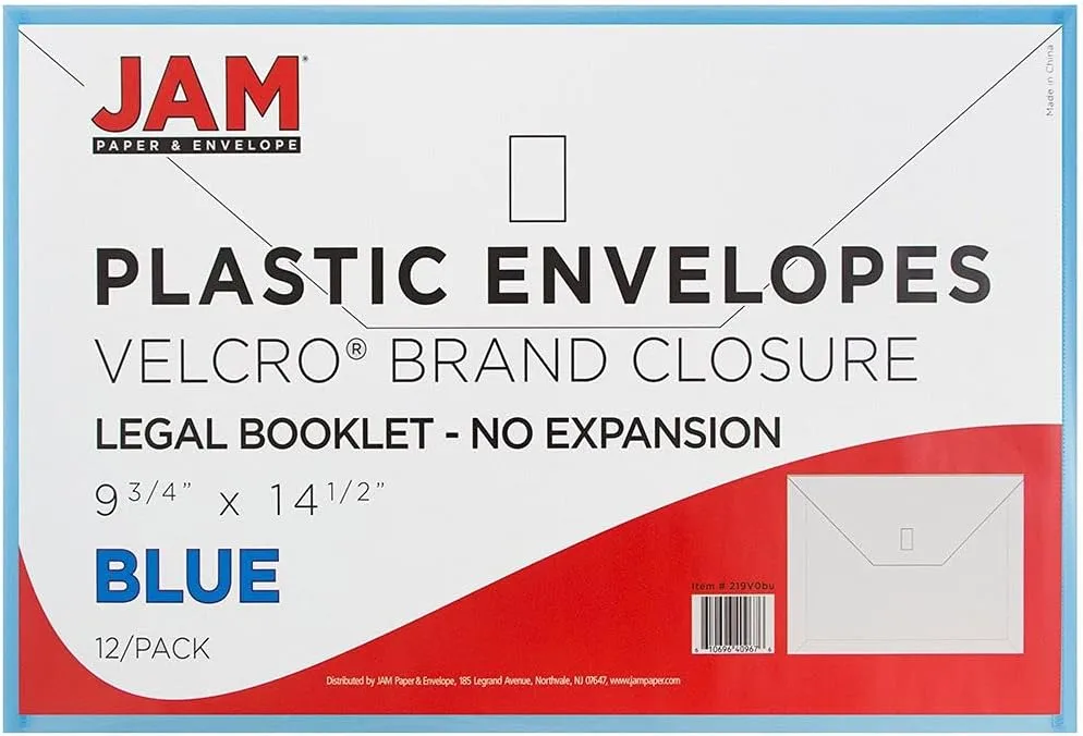 JAM PAPER Plastic Booklet Envelopes with Hook & Loop Closure - Pack of 12