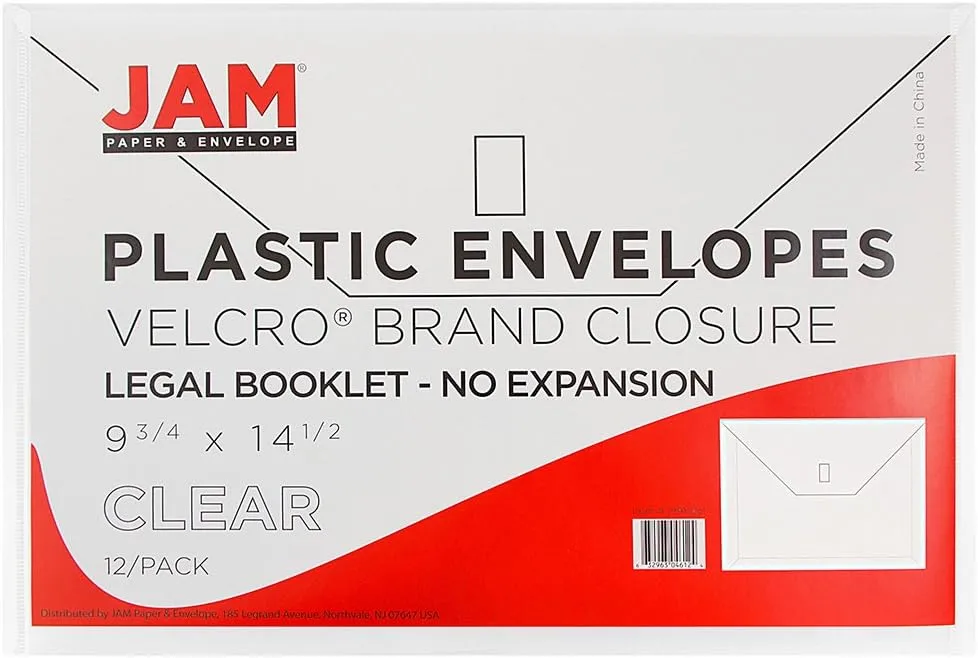JAM PAPER Plastic Booklet Envelopes with Hook & Loop Closure - Pack of 12