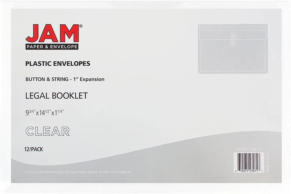 JAM PAPER Plastic Envelopes with Button & String Tie Closure - 12 Pack