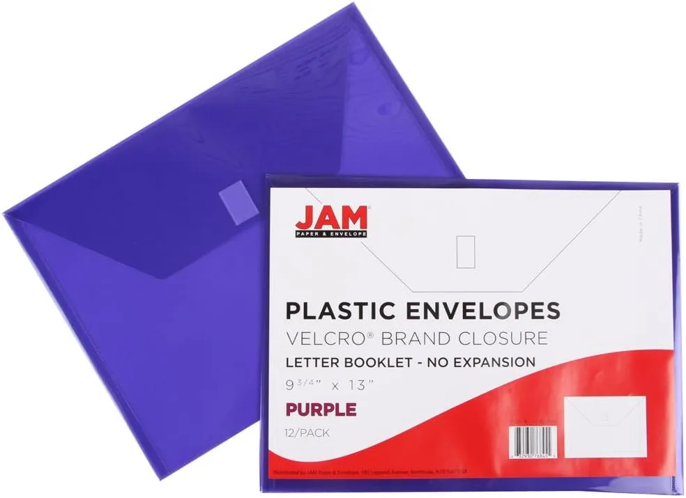 JAM PAPER Plastic Booklet Envelopes with Hook & Loop Closure - Pack of 12