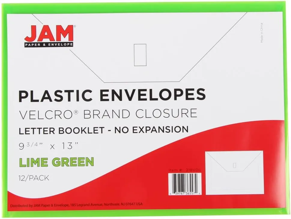 JAM PAPER Plastic Booklet Envelopes with Hook & Loop Closure - Pack of 12