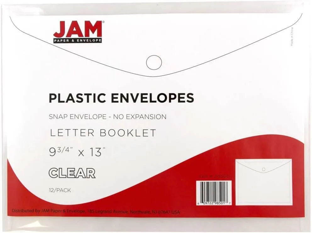 JAM PAPER Plastic Booklet Envelopes with Snap Closure - Clear