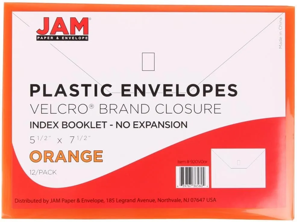 JAM PAPER Plastic Booklet Envelopes with Hook & Loop Closure - Pack of 12