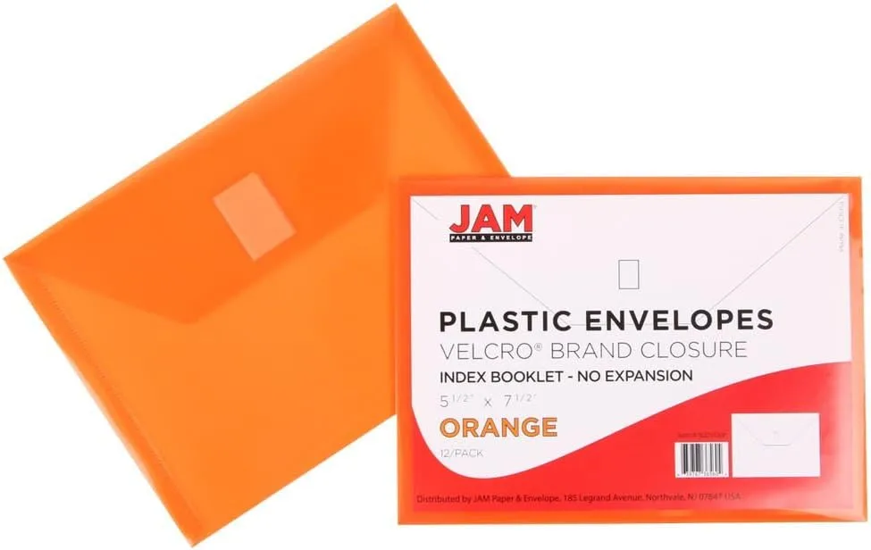 JAM PAPER Plastic Booklet Envelopes with Hook & Loop Closure - Pack of 12