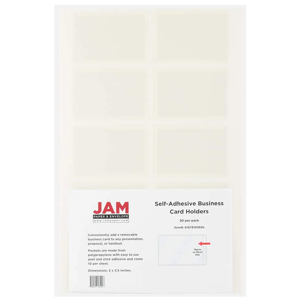 JAM PAPER Self-Adhesive Business Card Holders - 2 x 3 1/2 - Clear - 30 Label Pockets/Pack Pack of 30