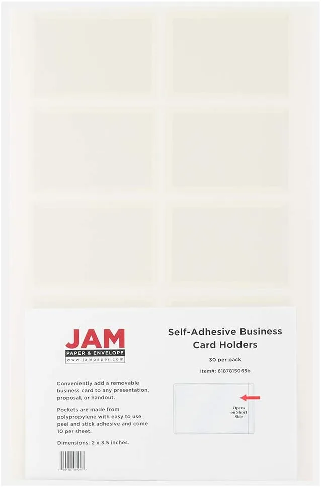 JAM PAPER Self-Adhesive Business Card Holders - 2 x 3 1/2 - Clear - 30 Label Pockets/Pack Pack of 30