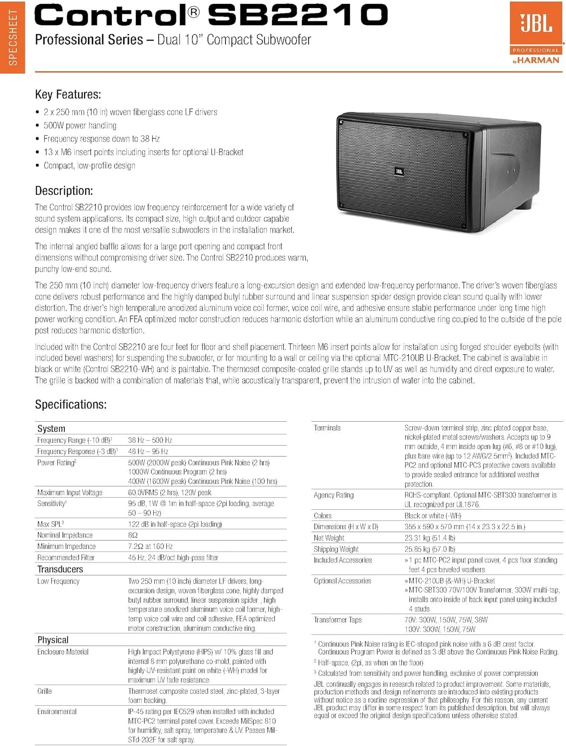 JBL Professional Control SB2210 Dual Compact Subwoofer, 10-Inch, Black