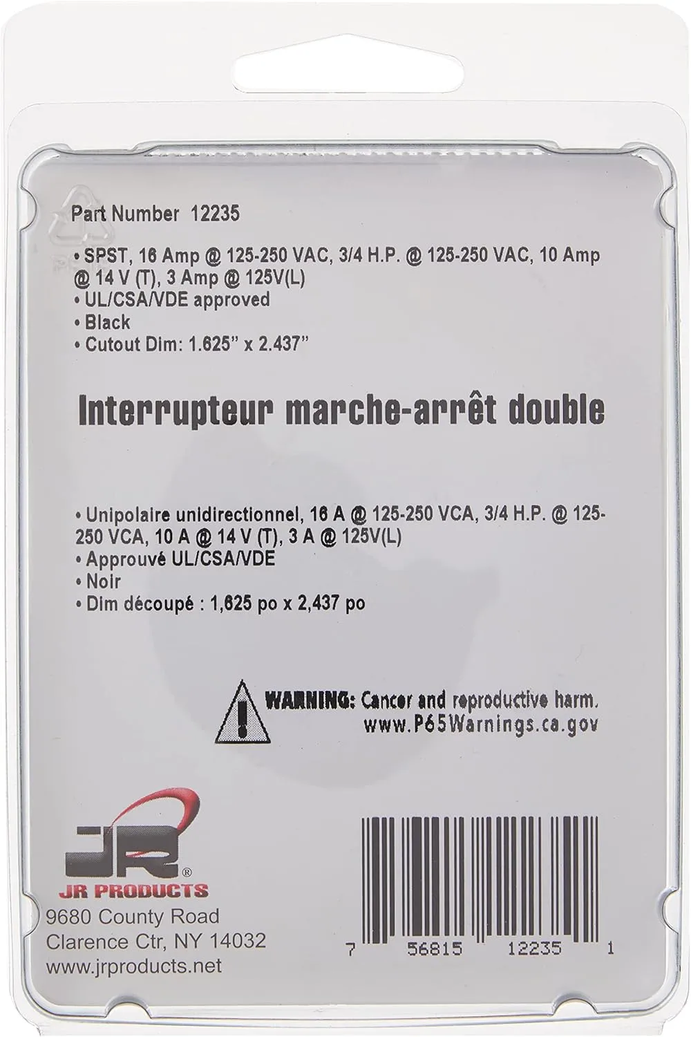 JR Products 12235 Black Double SPST On-Off Switch with Bezel