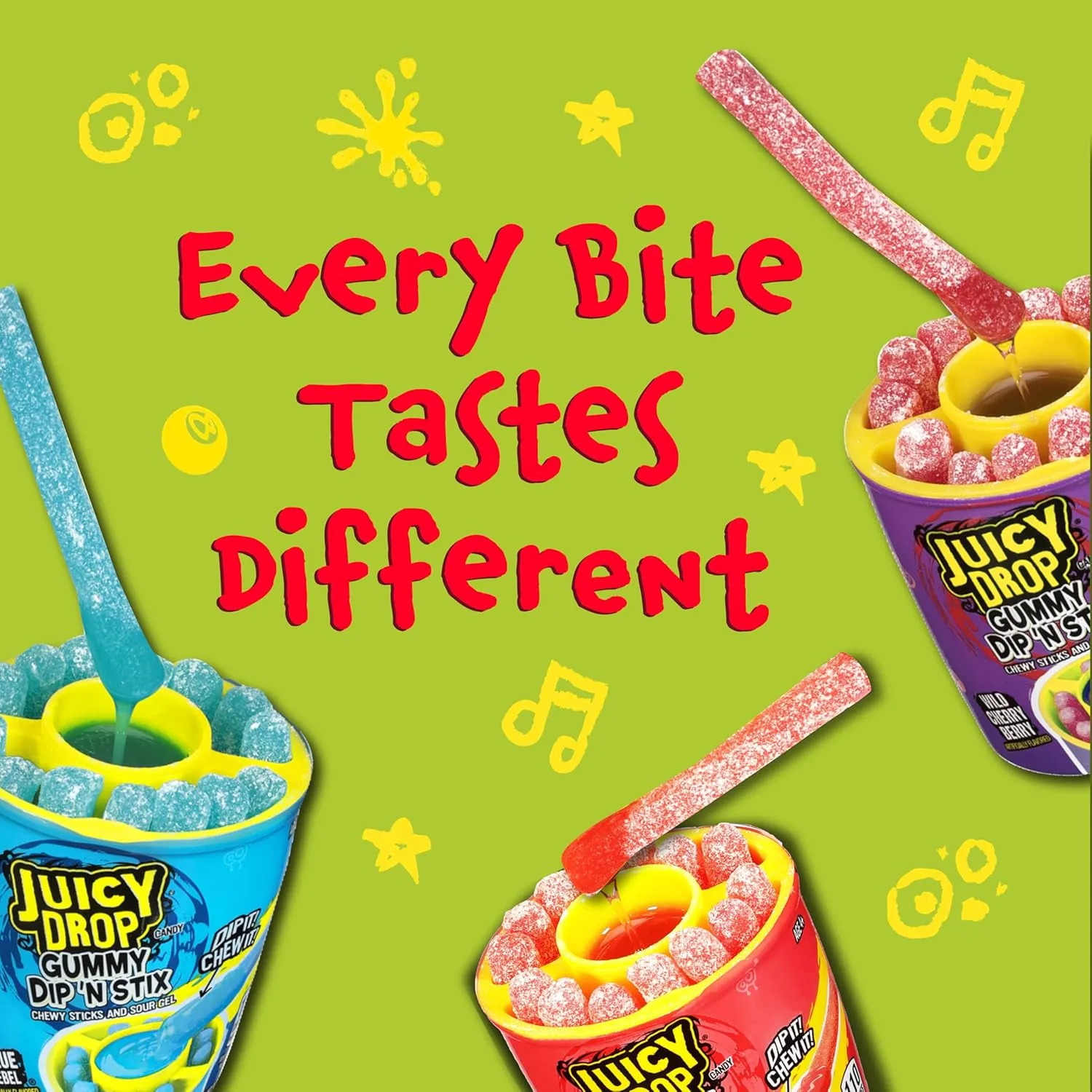 Juicy Drop Gummy Dip 'N Stix Assorted Candy Variety Pack, Sweet Gummy Sticks W/ Sour Dipping Gel, 8 Pack