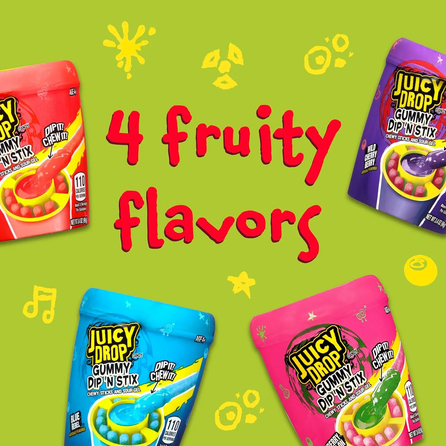 Juicy Drop Gummy Dip 'N Stix Assorted Candy Variety Pack, Sweet Gummy Sticks W/ Sour Dipping Gel, 8 Pack