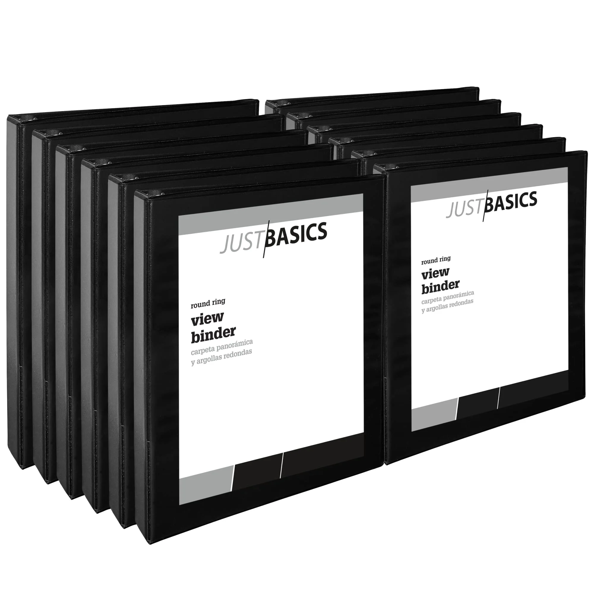 Just Basics Round-Ring View Binder, 1in Rings, 61% Recycled, Black, Pack of 12