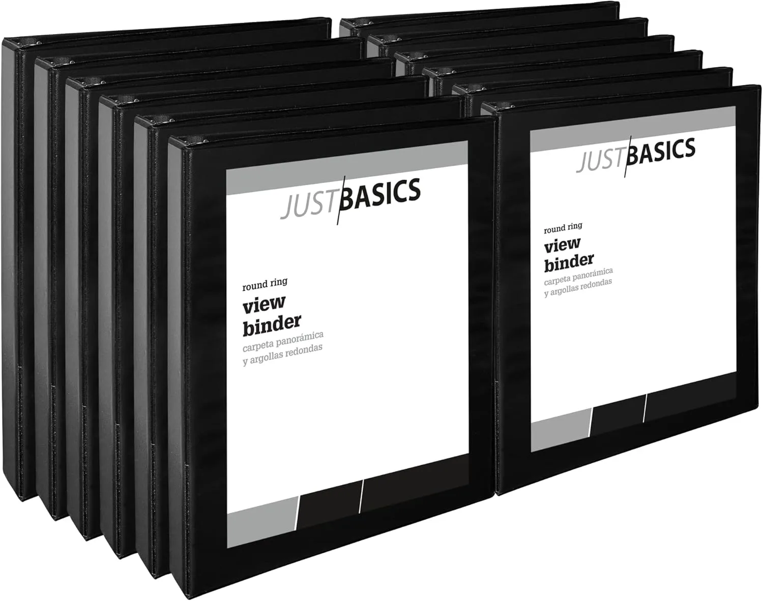 Just Basics Round-Ring View Binder, 1in Rings, 61% Recycled, Black, Pack of 12