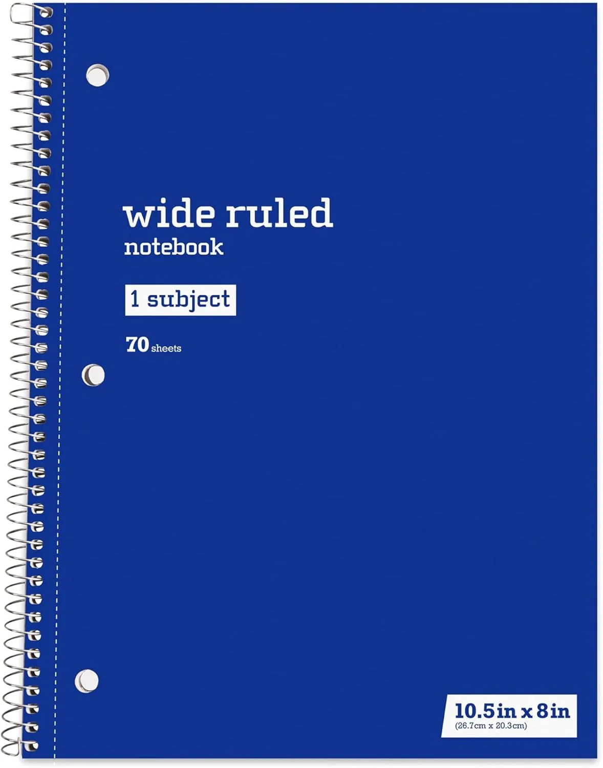 Just Basics® Spiral Notebook, 7 1/2" x 10 1/2", Wide Ruled, 140 Pages (70 Sheets), Blue