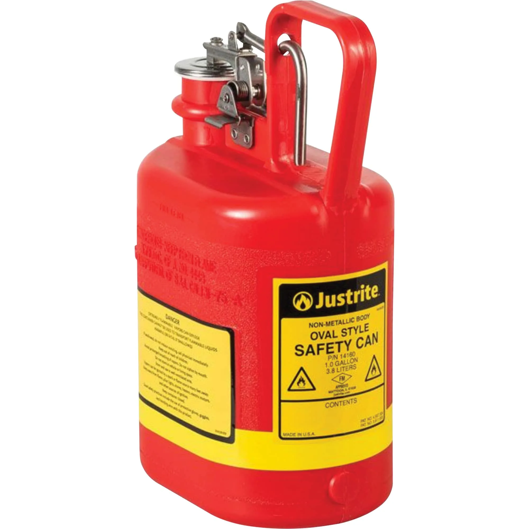 Justrite 14160 1 Gallon, 4 5/8" x 7 5/8" x 12 3/4" Size Type I Red Oval Polyethylene Safety Can with Stainless Steel Hard