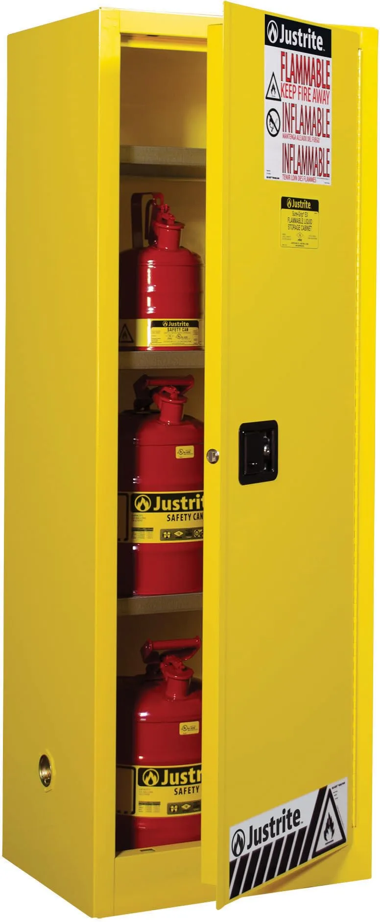 Justrite 22 Gallon Manual Close Slimline Flammable Storage Cabinet, 18 Gauge Steel, 3 Shelves, 2 Door Fire Cabinet