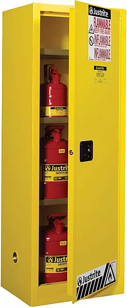 Justrite 22 Gallon Manual Close Slimline Flammable Storage Cabinet, 18 Gauge Steel, 3 Shelves, 2 Door Fire Cabinet