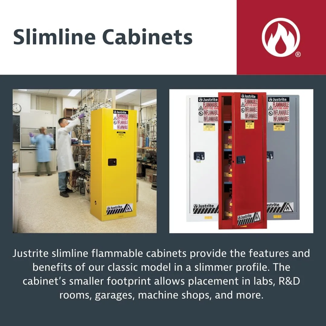 Justrite 22 Gallon Manual Close Slimline Flammable Storage Cabinet, 18 Gauge Steel, 3 Shelves, 2 Door Fire Cabinet