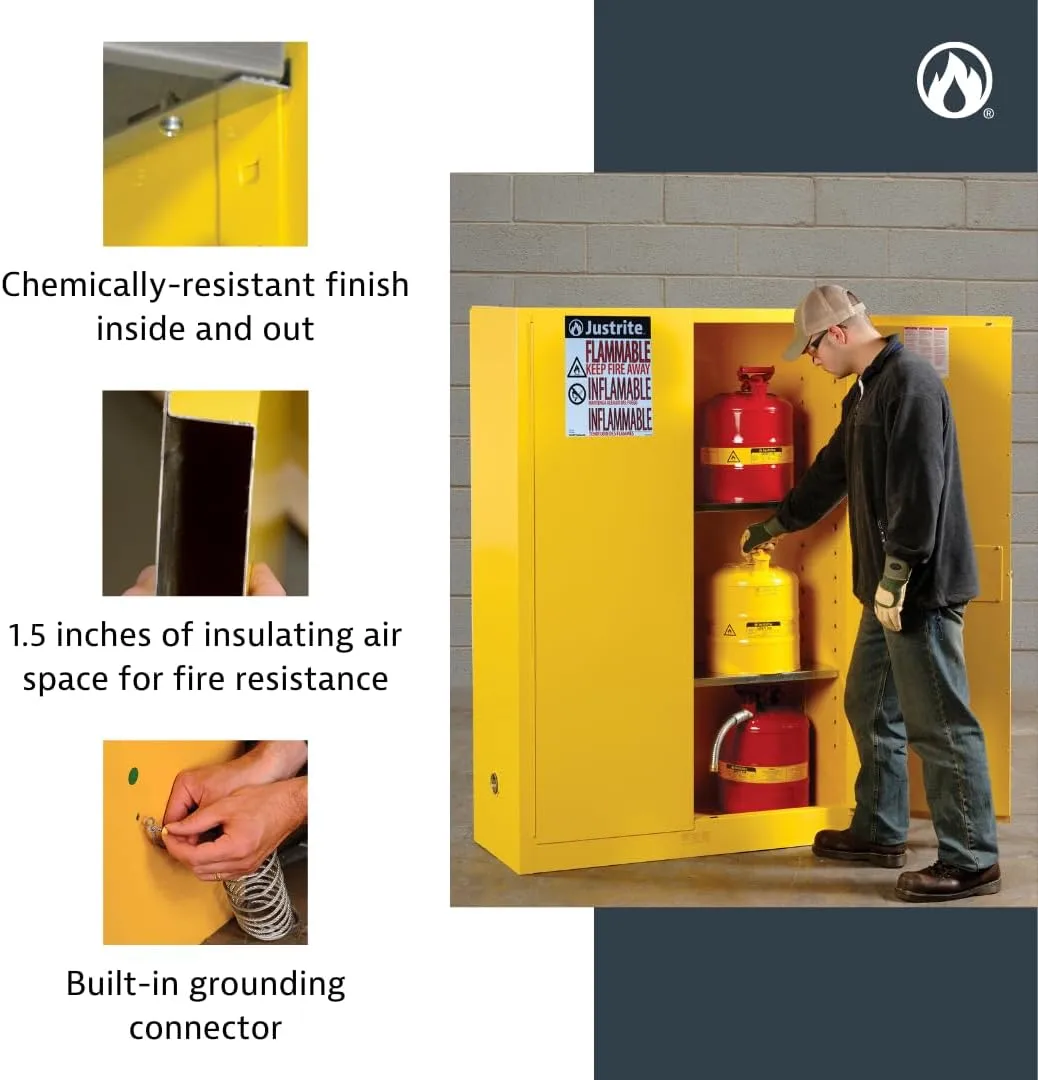 Justrite 22 Gallon Manual Close Slimline Flammable Storage Cabinet, 18 Gauge Steel, 3 Shelves, 2 Door Fire Cabinet