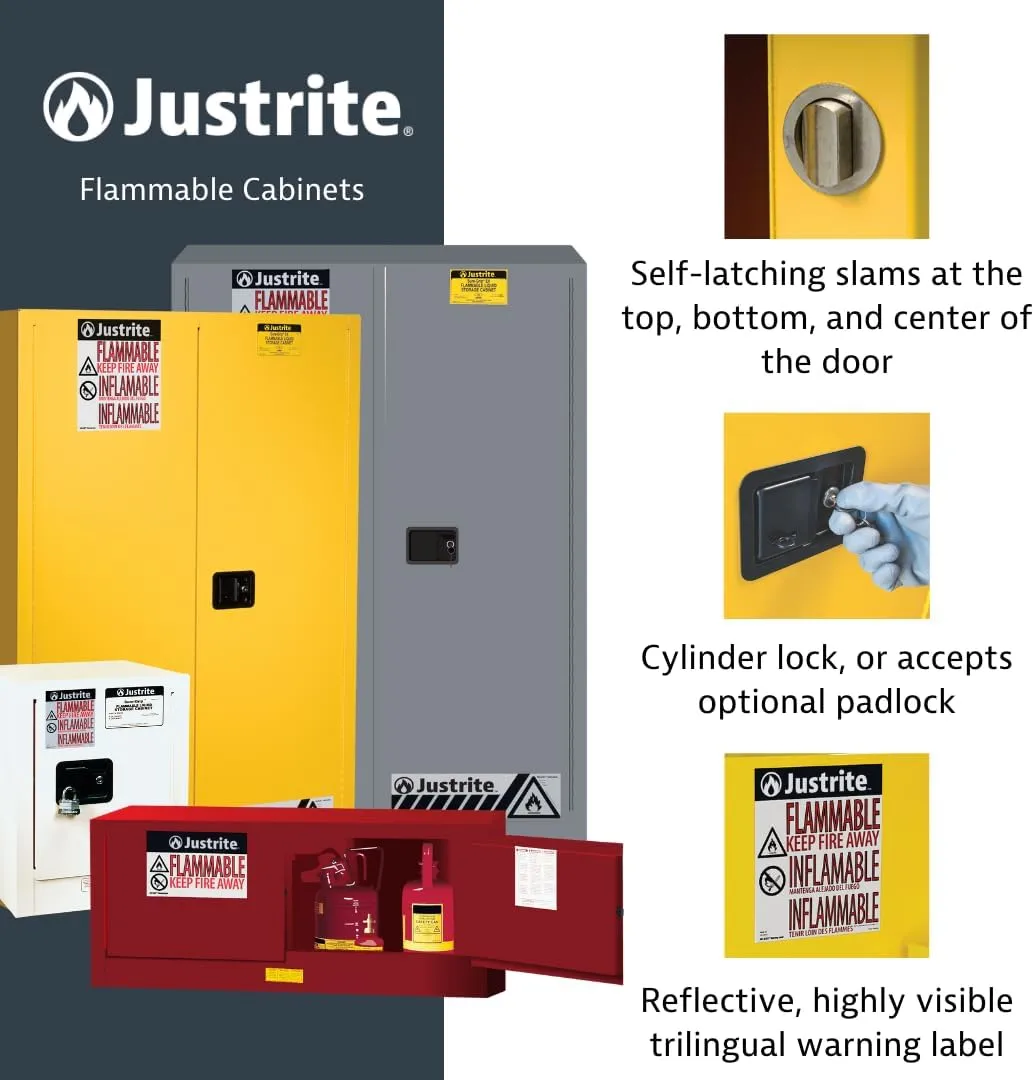 Justrite 22 Gallon Manual Close Slimline Flammable Storage Cabinet, 18 Gauge Steel, 3 Shelves, 2 Door Fire Cabinet