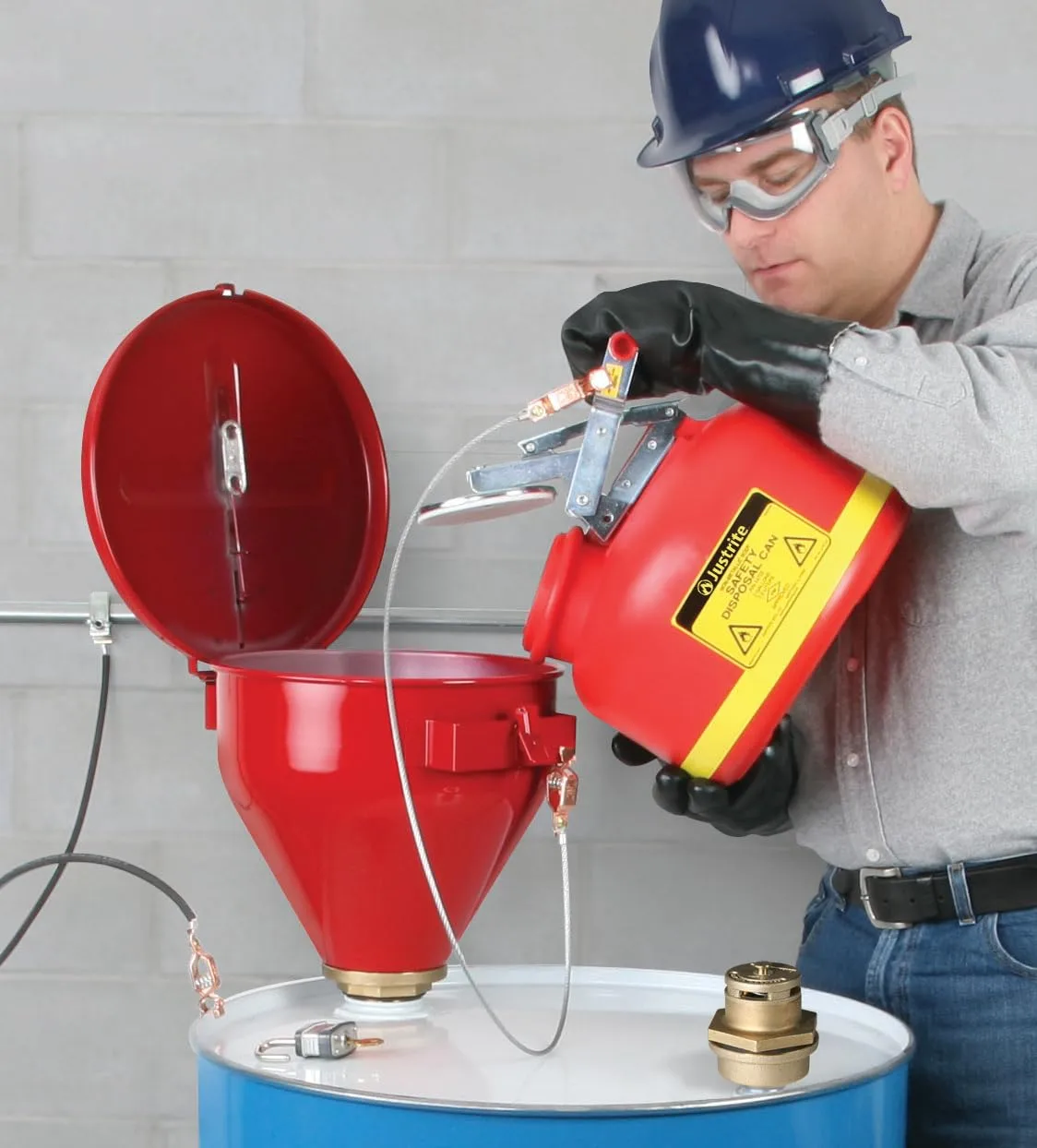 Justrite 2.6 Gallon Drum Funnel for Flammables with Emergency-Fusing Self-Closing Cover, Flame Arrester