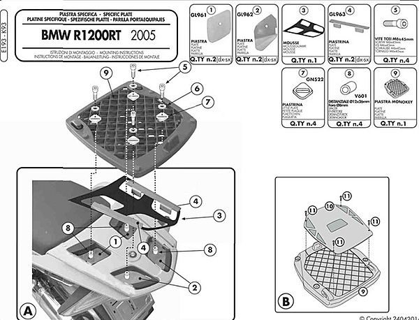 KAPPA BMW TOPBOX BRACKET K93 - R1200RT (05-13)