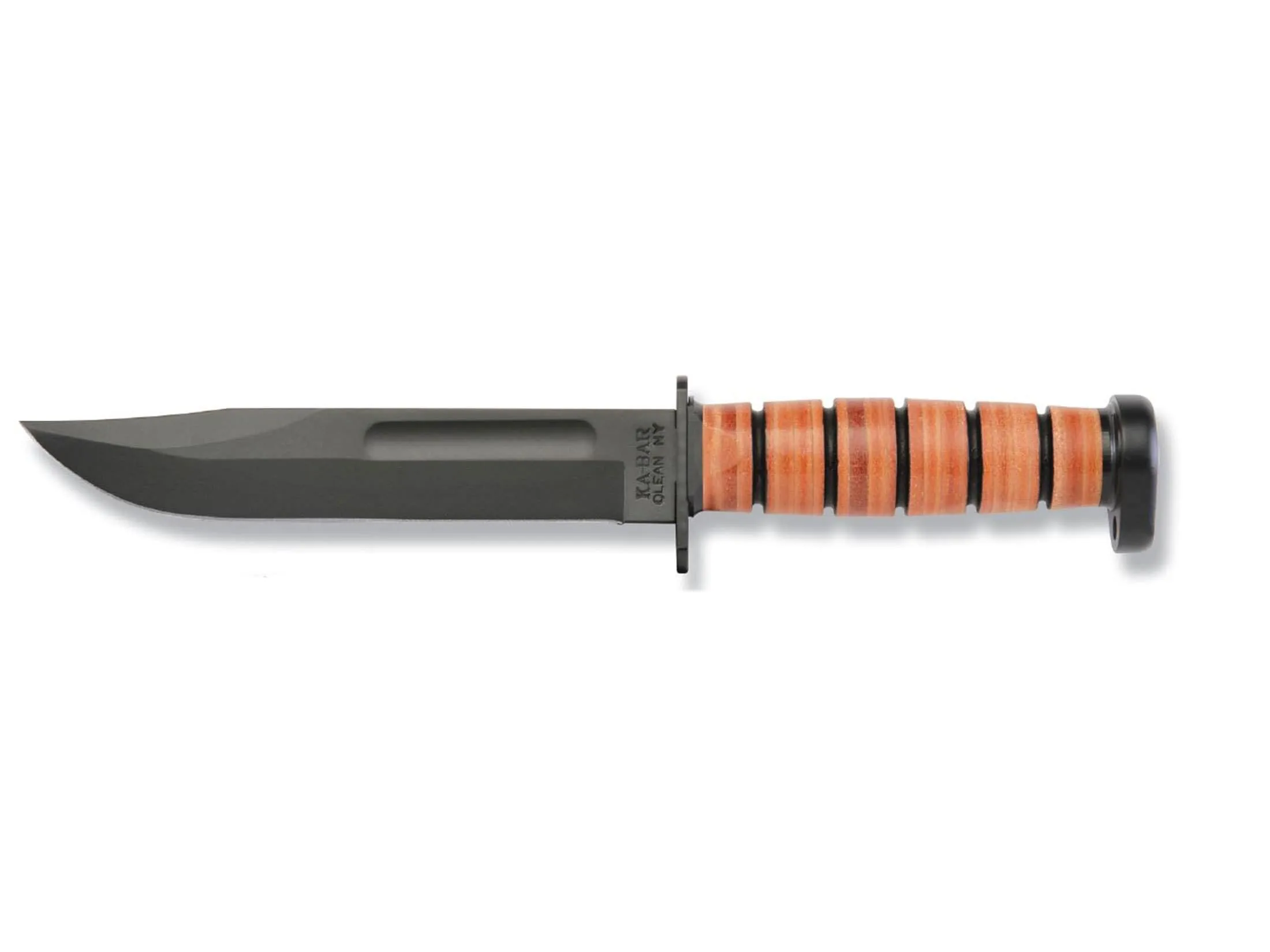 KA-BAR Dog's Head Utility Knife Fixed Blade Knife 7" Clip Point 1095 Cro-Van Black Blade Stacked Leather Handle Black/Brown