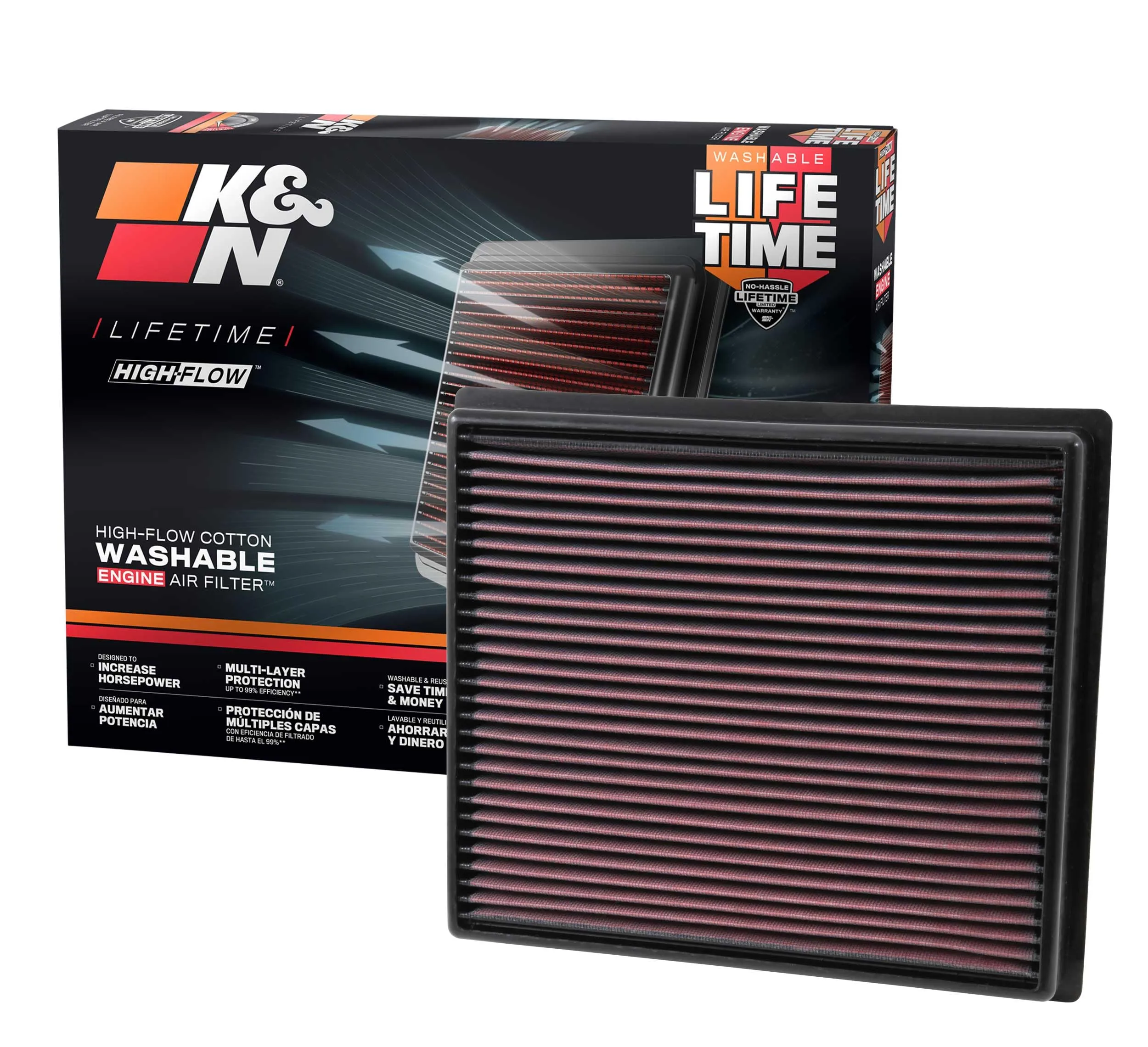 K&N High-Flow Lifetime Engine Air Filter 33-5017 — Oiled Cotton, Washable