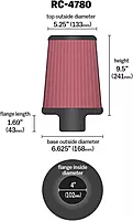 K&N High-Flow Universal Clamp-On Air Filter RC-4780 — 4 In Flange, 9.5 In Height
