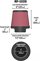 K&N High-Flow Universal Clamp-On Air Filter RF-1020, 6 in Flange, 8 in Height
