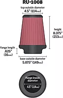 K&N High-Flow Original Lifetime Universal Clamp-On Air Filter: High Performance, Premium: Flange Diameter: 4.5 In, Filter Height: 8.375 In, Flange Length: 0.625 In, Shape: Round Tapered, RU-1008