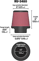 K&N High-Flow Original Lifetime Universal Clamp-On Air Filter: High Performance, Premium, Washable: Flange Diameter: 4.5 In, Filter Height: 6 In, Flange Length: 0.625 In, Shape: Round Tapered, RU-3480