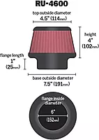 K&N High-Flow Original Lifetime Universal Clamp-On Air Filter: High Performance, Premium, Washable: Flange Diameter: 6 In, Filter Height: 4 In, Flange Length: 1 In, Shape: Round Tapered, RU-4600