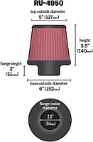 K&N RU-4950 Universal Clamp-On Air Filter, 2.5 In Flange
