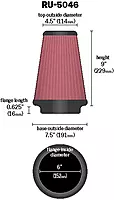 K&N High-Flow Original Lifetime Universal Clamp-On Air Filter: High Performance, Premium, Washable: Flange Diameter: 6 In, Filter Height: 9 In, Flange Length: 0.625 In, Shape: Round Tapered, RU-5046
