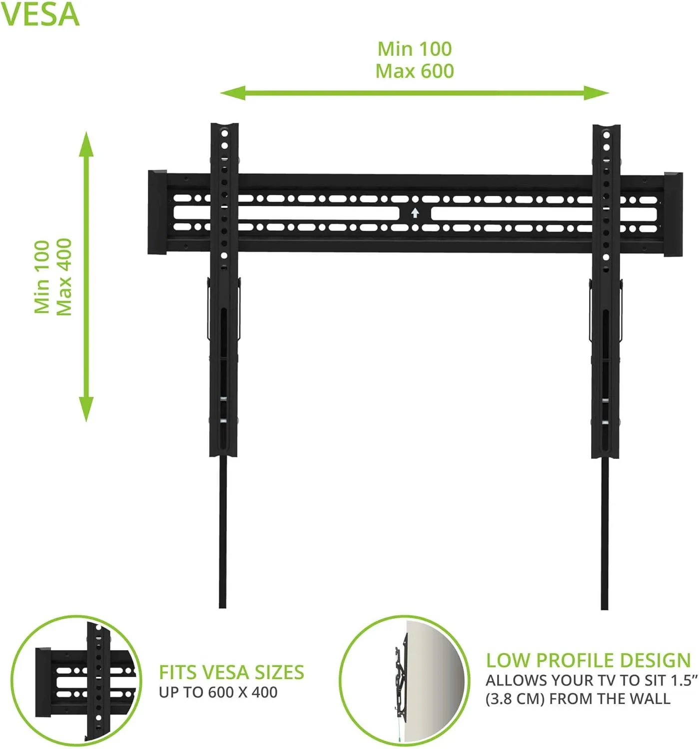 Kanto KT3260 Tilting TV Wall Mount – Fits 32 to 60 in, VESA 100x100–600x400, Black