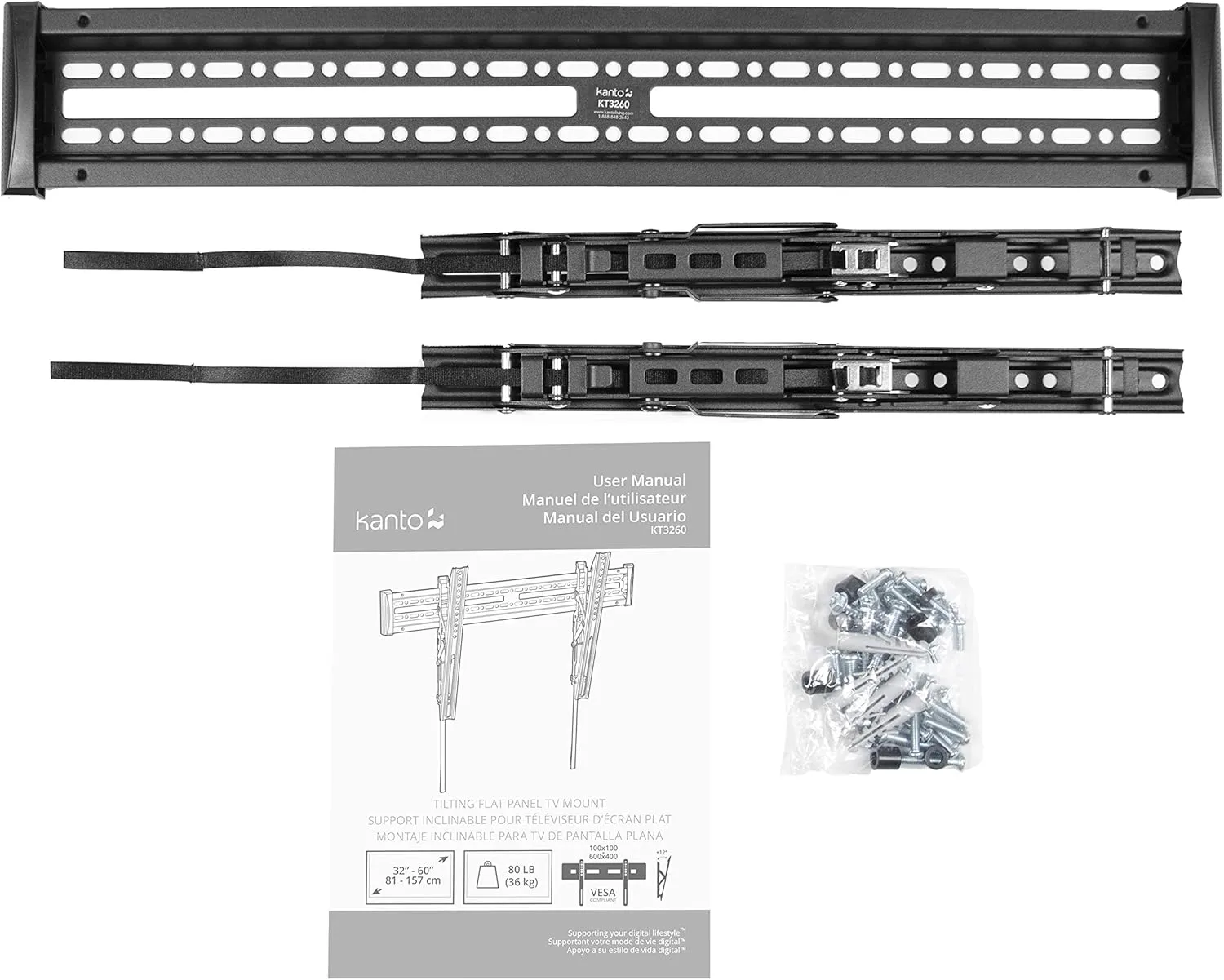 Kanto KT3260 Tilting TV Wall Mount – Fits 32 to 60 in, VESA 100x100–600x400, Black