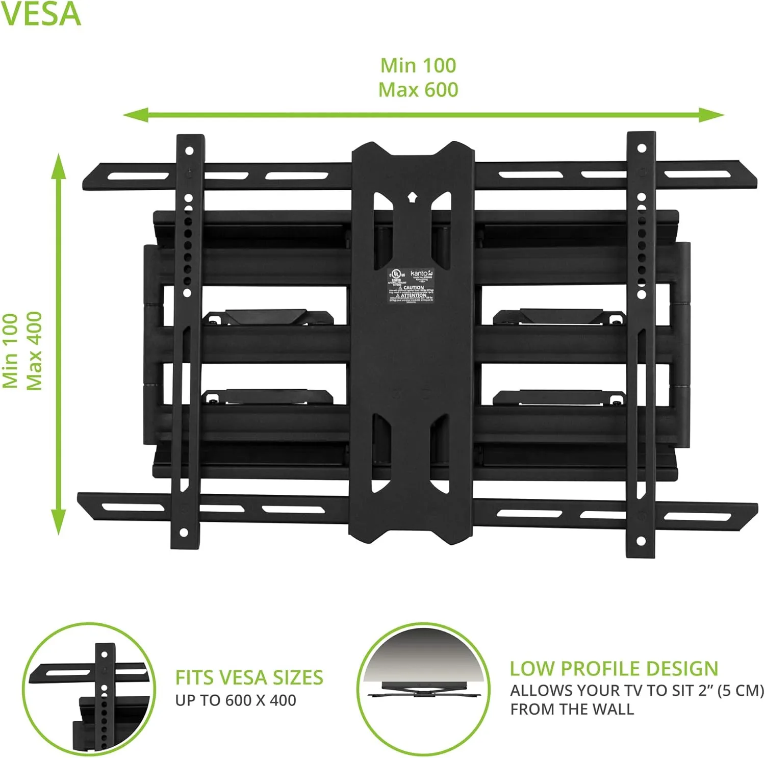Kanto PDX650 Full Motion Articulating TV Wall Mount for 37-inch to 75-inch TVs | Low Profile with 22" Extension | Integrated Cable Management | Swivel and Tilt Capable | Black