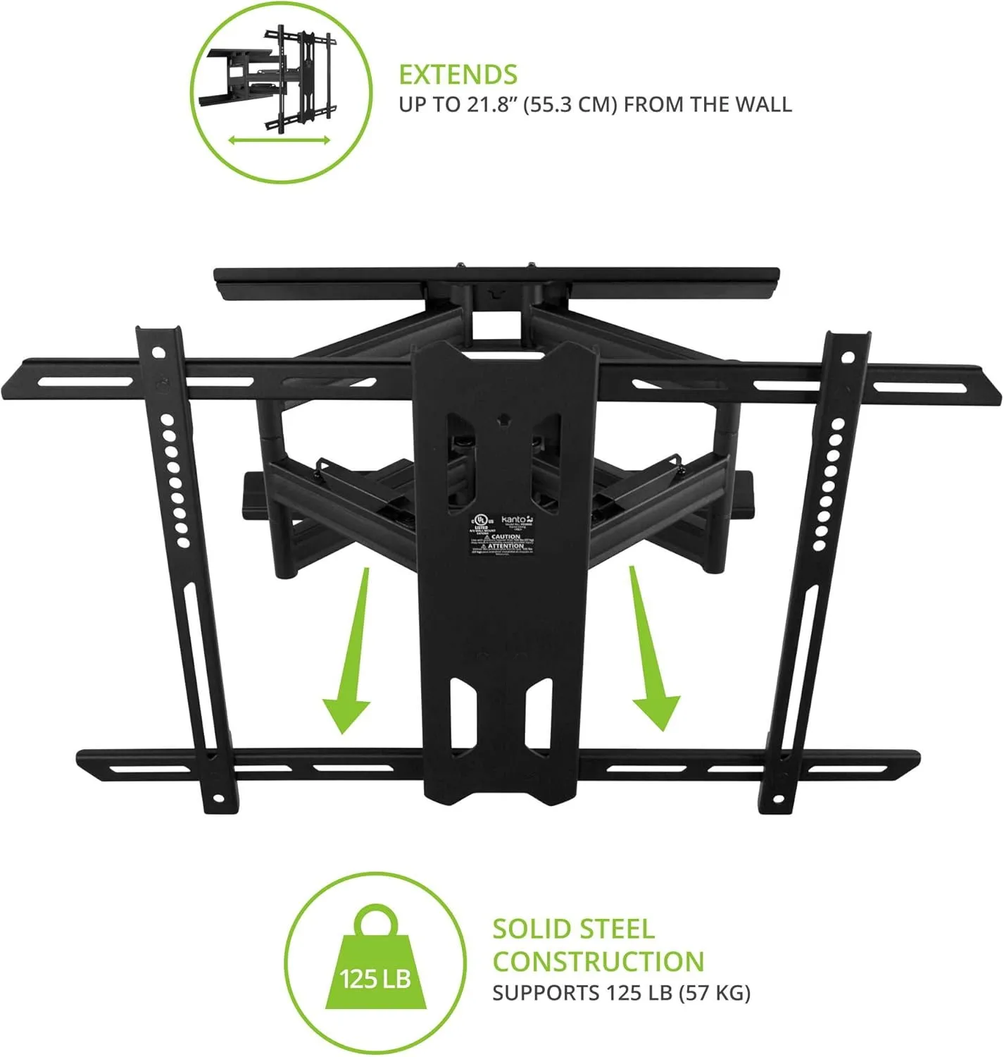 Kanto PDX650 Full Motion Articulating TV Wall Mount for 37-inch to 75-inch TVs | Low Profile with 22" Extension | Integrated Cable Management | Swivel and Tilt Capable | Black