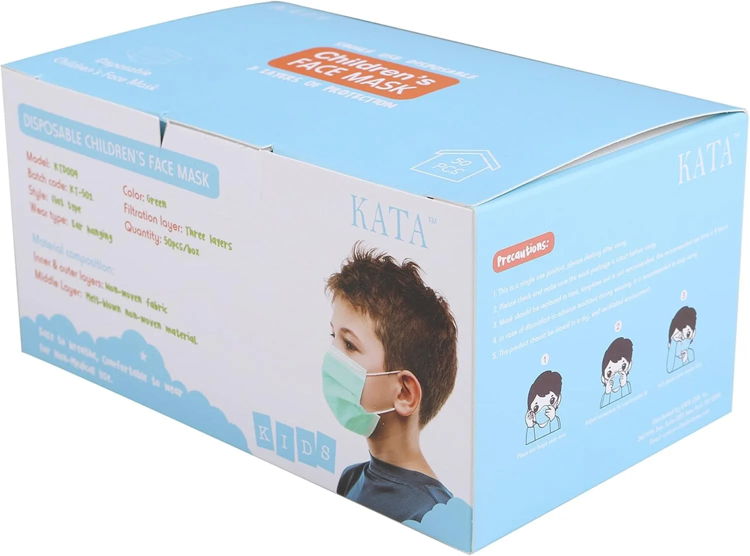 Kata 3-Ply Pleated Disposable Children's Face Masks, One Size, Green, Box Of 50 Masks