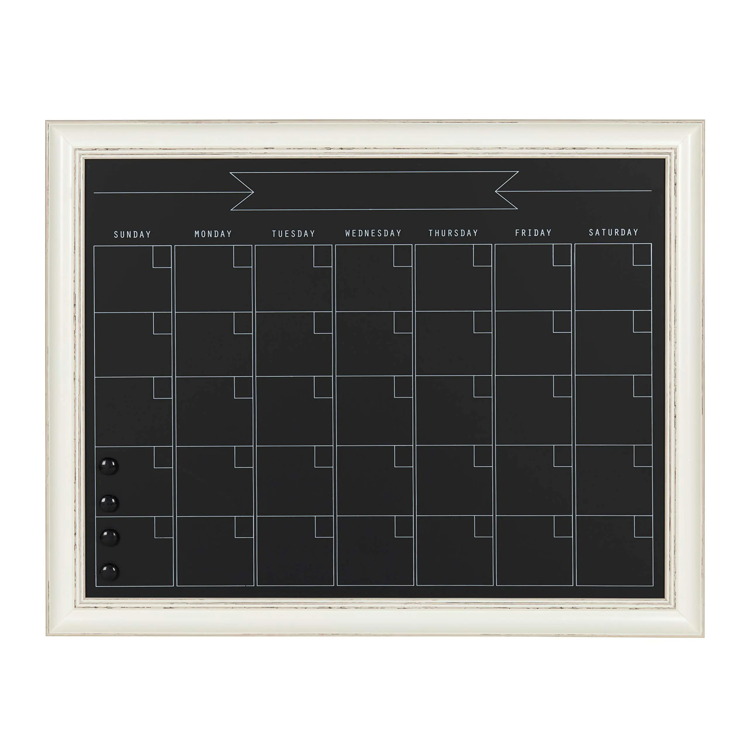 Kate and Laurel Macon Magnetic Framed Chalkboard Monthly Calendar, 22-15/16in x 28-15/16in, Black, White Plastic Frame